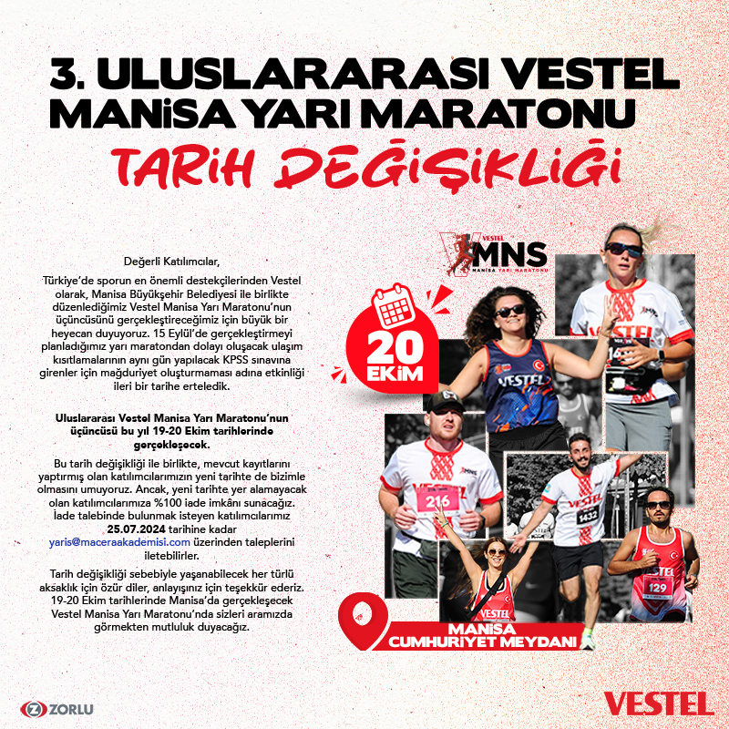 3. Uluslararası Vestel Manisa Yarı Maratonu Tarih Değişikliği